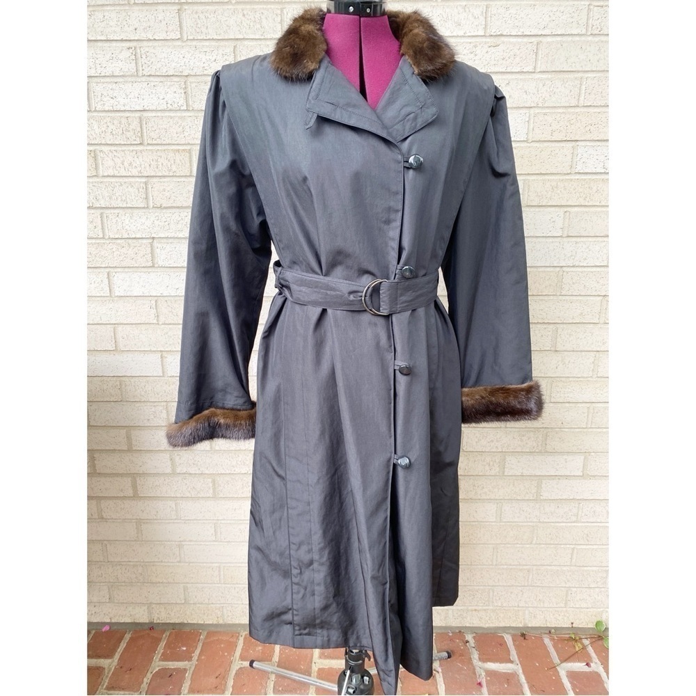 Black Long Trench Coat with Brown Fur Trim Fall Winter